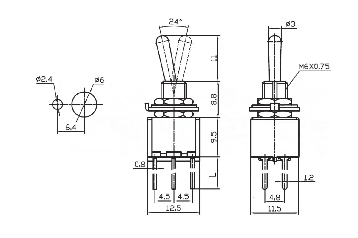 STM-202-A3, тумблер ON-ON, (d=6mm, 250VAC, 3А), 2гр., 6конт., на панель-1
